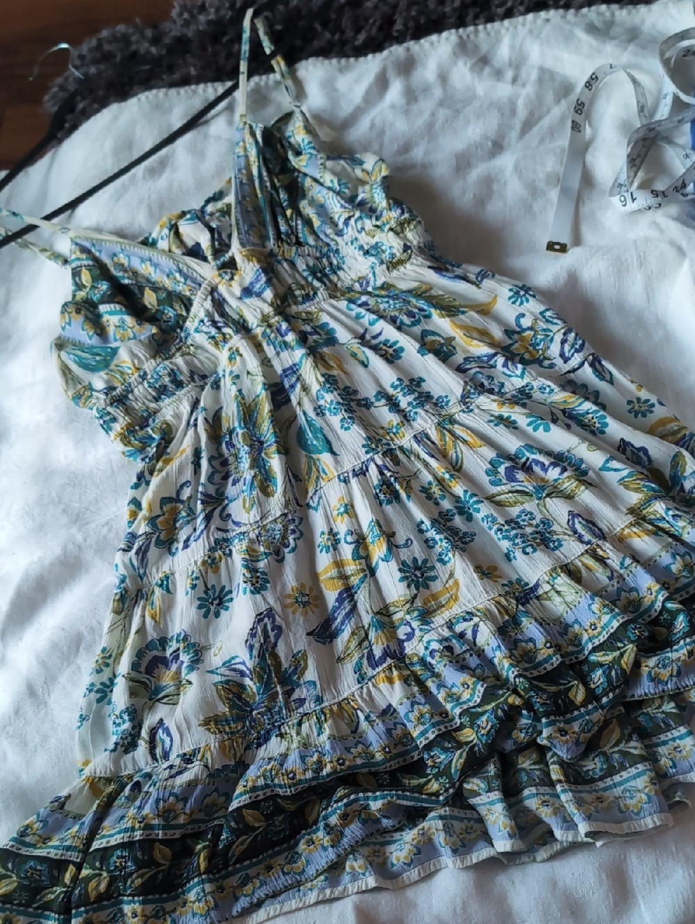 Angie White Floral Tiered Spaghetti Strap Dress with Teal & Mustard Accents